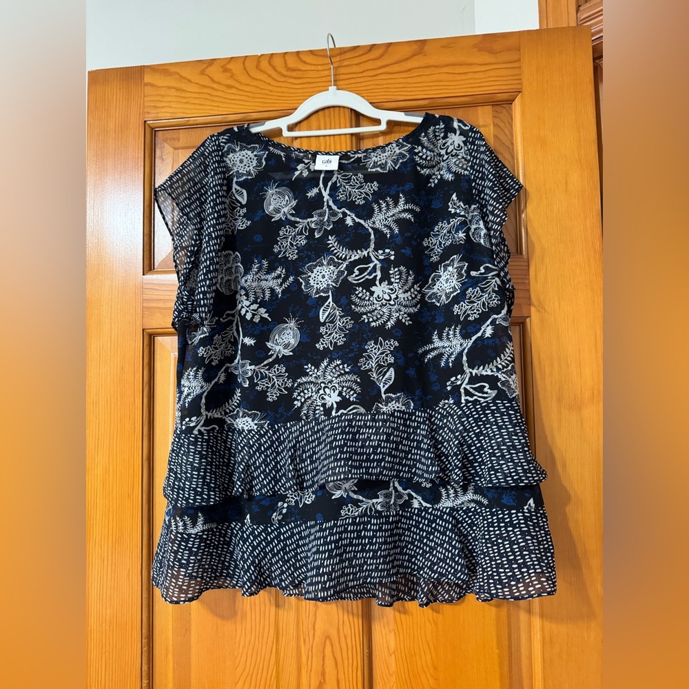 CAbi Navy & White Floral Tiered Chiffon Blouse